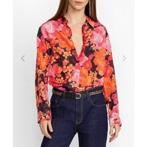 JOHNNY WAS Becca 100% Button Down Shirt Orange Pink Floral Size Large